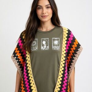 Upcycled Poncho Graphic Tee Crochet Trim Top  27” x 22”